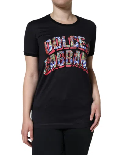 Dolce & Gabbana Black Cotton Large Print Top Crewneck T-shirt