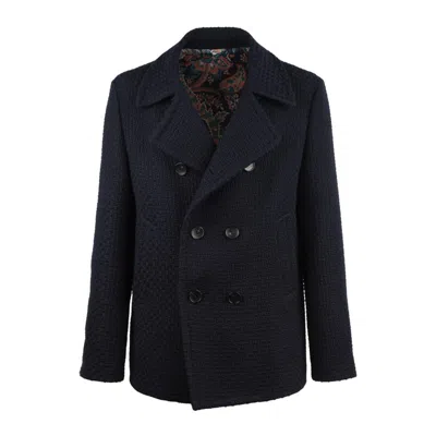 Etro Wool Coat With Lapels And Decorative Buttons In Blue