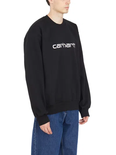 Carhartt Fleeced Cotton Crew-neck Sweatshirt With Embossed Logo In Black