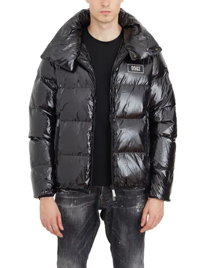Dsquared2 Black Down Jacket With Logo Patch On The Front In Tech Fabric Man