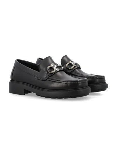 Ferragamo Black Leather Loafers With Gancini Ornament