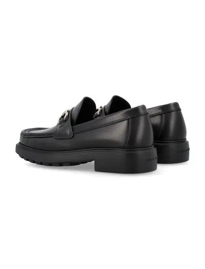 Ferragamo Black Leather Loafers With Gancini Ornament