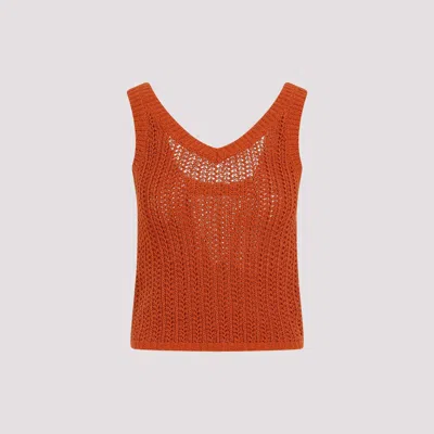 Max Mara Deep V-neck Sleeveless Top With Textured Knit In Brown