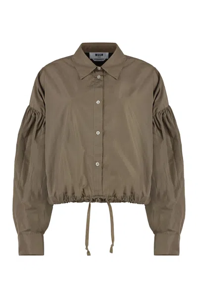 Msgm Taffeta Drawstring Shirt With Balloon Sleeves In Brown