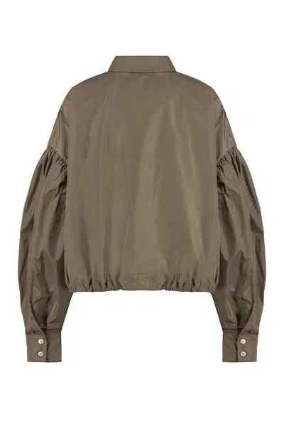 Msgm Taffeta Drawstring Shirt With Balloon Sleeves In Brown