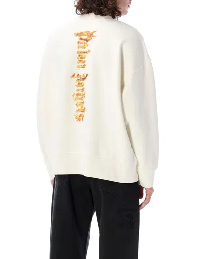 Palm Angels White Crewneck Sweatshirt With Burning Logo Print In Cotton Man