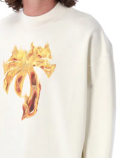 Palm Angels White Crewneck Sweatshirt With Burning Logo Print In Cotton Man