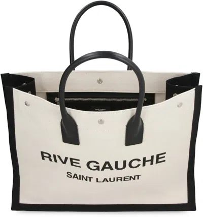 Saint Laurent Multicolor Linen And Leather Tote Handbag For Women