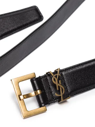 Saint Laurent Black Carree Belt With Golden Buckle