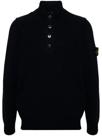 Stone Island High Collar Pullover With Buttoned Placket And Logo Patch