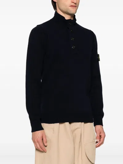 Stone Island High Collar Pullover With Buttoned Placket And Logo Patch
