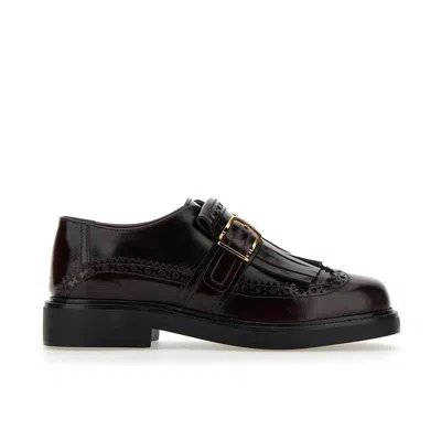 Tod's Burgundy Leather Derby Dress Shoes With Fringed Front And Gold-tone Buckle