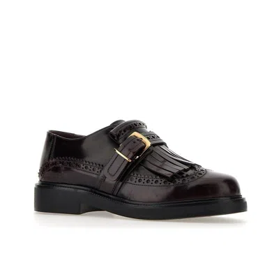 Tod's Burgundy Leather Derby Dress Shoes With Fringed Front And Gold-tone Buckle