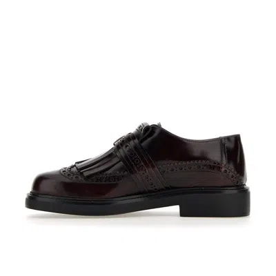 Tod's Burgundy Leather Derby Dress Shoes With Fringed Front And Gold-tone Buckle