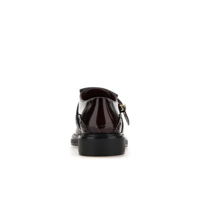 Tod's Burgundy Leather Derby Dress Shoes With Fringed Front And Gold-tone Buckle