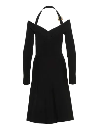 Ferragamo Knit Midi Dress With Gancini Buckle In Black