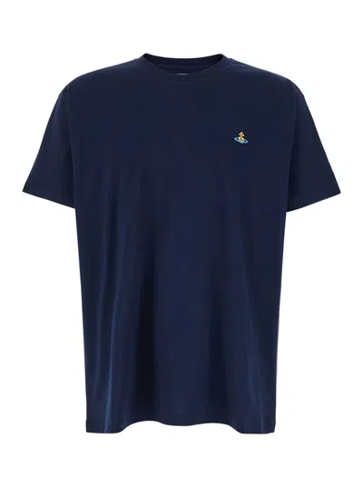 Vivienne Westwood Blue Crewneck T-shirt With Orb Detail In Cotton Man In Blue