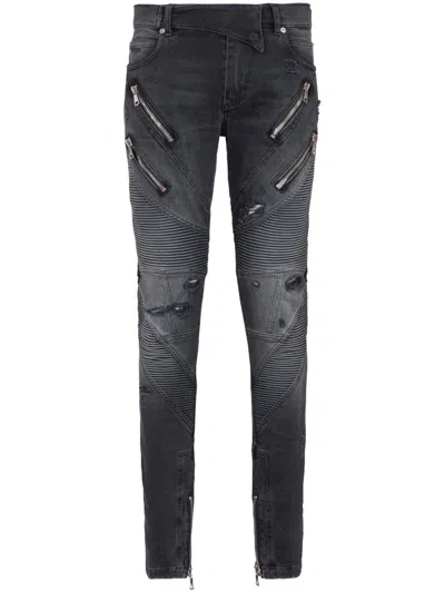 Balmain Panelled Distressed Skinny Jeans In Washed Black