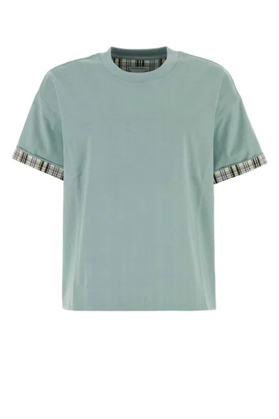 Bottega Veneta Cotton T-shirt With Checked Trim And Foldable Cuffs In Blue