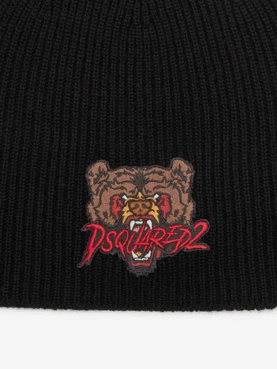 Dsquared2 Wool Beanie With Front Embroidery In Black