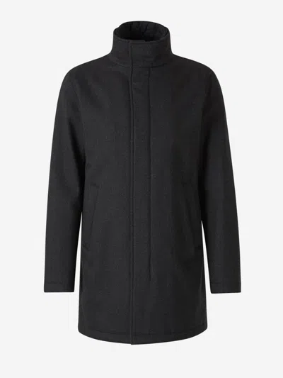Herno Antracite Coat With Zip And Buttons Closure In Herringbone Pattern