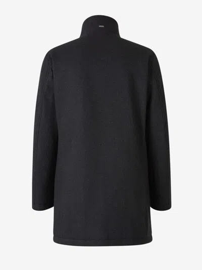 Herno Antracite Coat With Zip And Buttons Closure In Herringbone Pattern