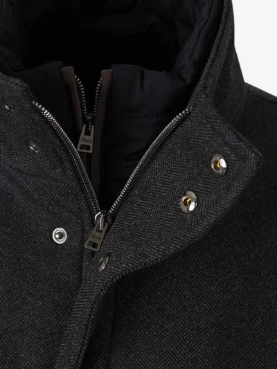 Herno Antracite Coat With Zip And Buttons Closure In Herringbone Pattern