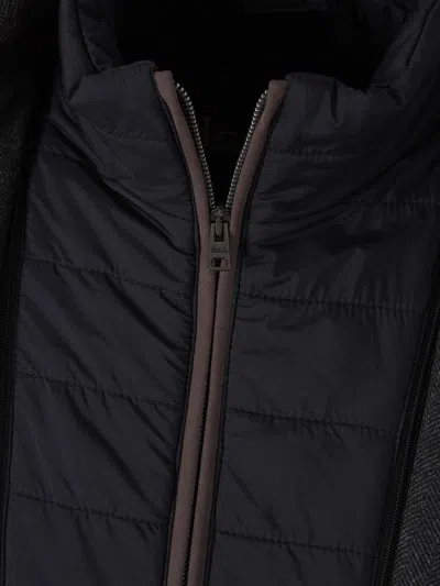 Herno Antracite Coat With Zip And Buttons Closure In Herringbone Pattern