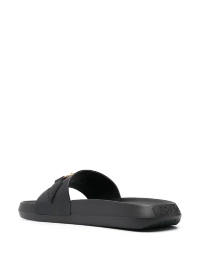Versace La Medusa Embellished Leather Slides In Black