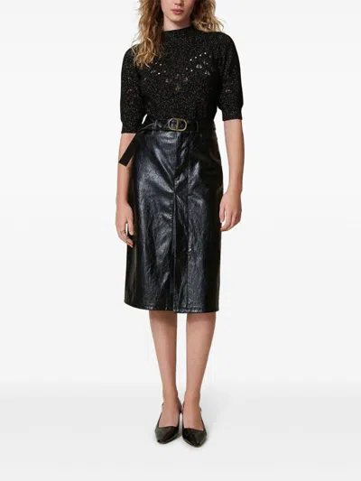Twinset Belted Crepe Texture Maxi Skirt  In Black