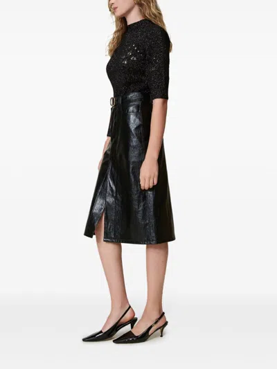 Twinset Belted Crepe Texture Maxi Skirt  In Black