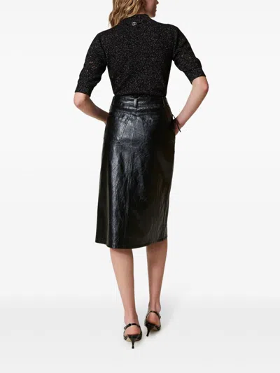 Twinset Belted Crepe Texture Maxi Skirt  In Black