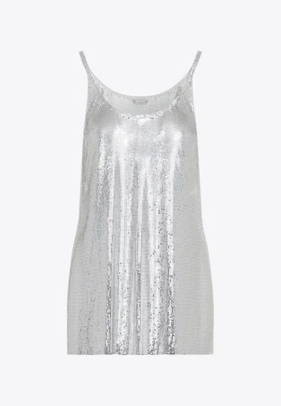 Rabanne Metallic Sleeveless Top With Spaghetti Straps And Chainmail In Tech Fabric Woman In Silver
