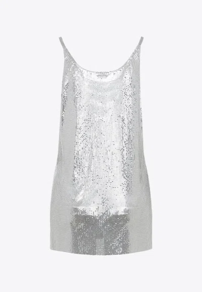 Rabanne Metallic Sleeveless Top With Spaghetti Straps And Chainmail In Tech Fabric Woman In Silver