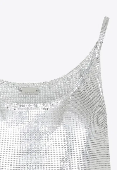 Rabanne Metallic Sleeveless Top With Spaghetti Straps And Chainmail In Tech Fabric Woman In Silver