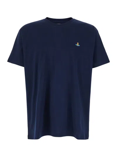 Vivienne Westwood Blue Crewneck T-shirt With Orb Detail In Cotton Man In Blue