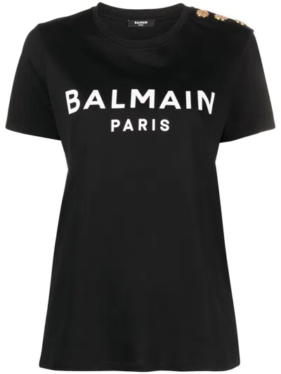 Balmain Black Crewneck T-shirt With Logo Print And Golden Buttons In Jersey Woman In Black