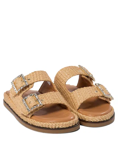 Alibi Greta Crystal Buckle Raffia Sandals In Neutral