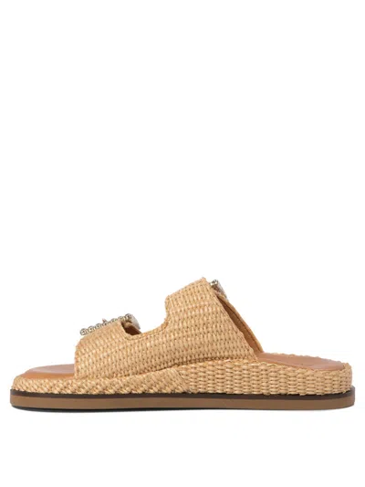 Alibi Greta Crystal Buckle Raffia Sandals In Neutral