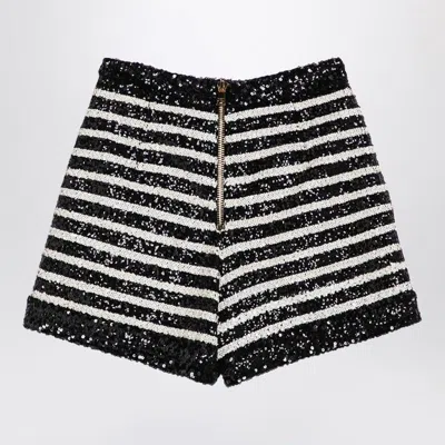 Balmain Black And White Striped Shorts With Jewel Buttons In All-over Sequins Fabric Woman