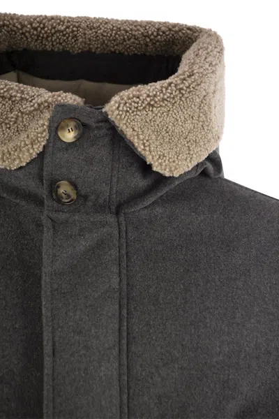 Brunello Cucinelli Men Membranated Wool Flannel Parka Down Jacket With Hood And Shearling Insert