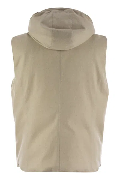 Brunello Cucinelli Men Sleeveless Down Jacket In Membraned Wool Flannel With Detachable Hood