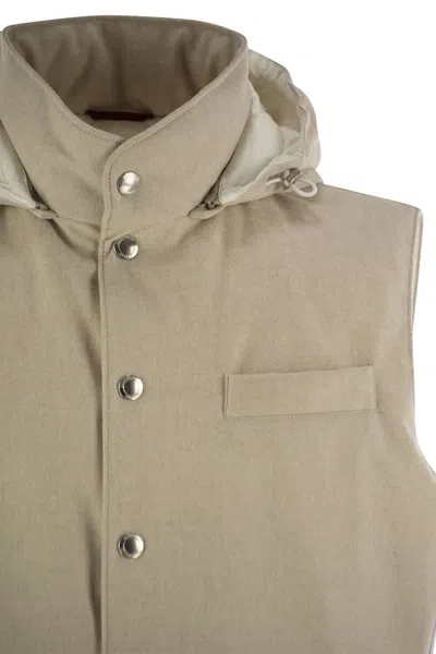 Brunello Cucinelli Men Sleeveless Down Jacket In Membraned Wool Flannel With Detachable Hood