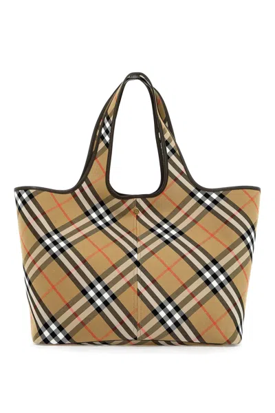 Burberry Medium Checkered Cotton Twill Tote With Leather Accents