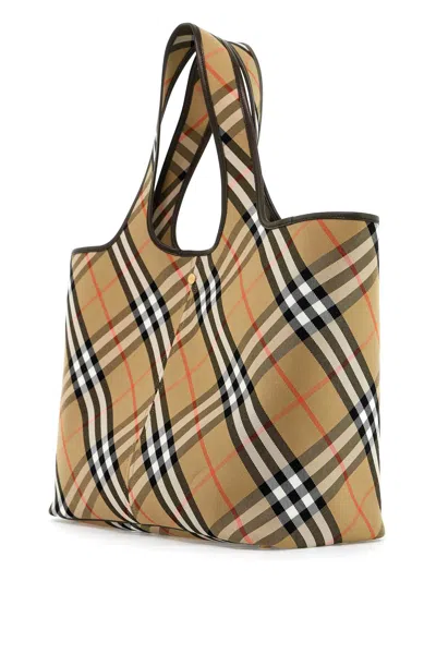 Burberry Medium Checkered Cotton Twill Tote With Leather Accents