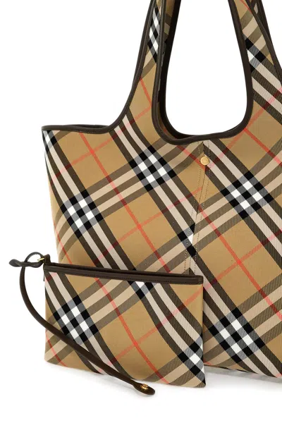 Burberry Medium Checkered Cotton Twill Tote With Leather Accents