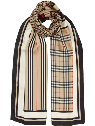 Burberry Monogram, Icon Stripe And Check Print Silk Scarf