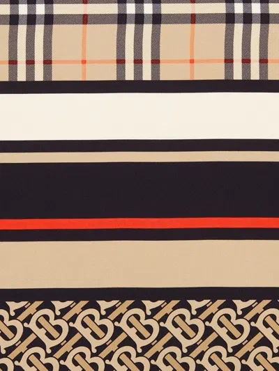Burberry Monogram, Icon Stripe And Check Print Silk Scarf