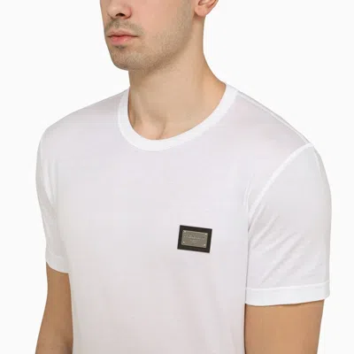 Dolce & Gabbana White Crewneck T-shirt With Logo Plate In Cotton Man In White