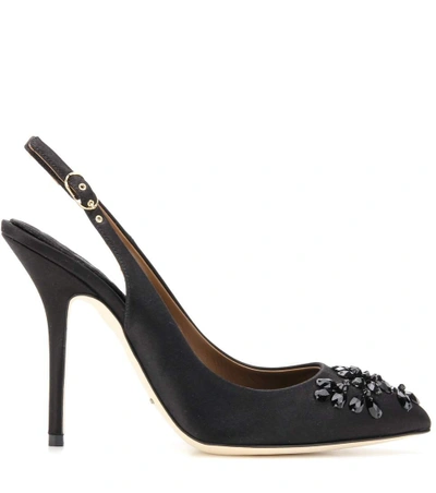 Shop Dolce & Gabbana Satin Embellished Slingback Pumps In Llack